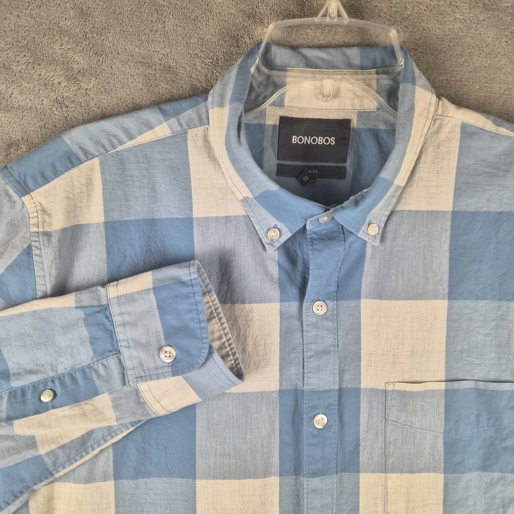 Bonobos Slim Fit Shirt Mens XL Blue White Buffalo Plaid Button Down‎ 100% Cotton
